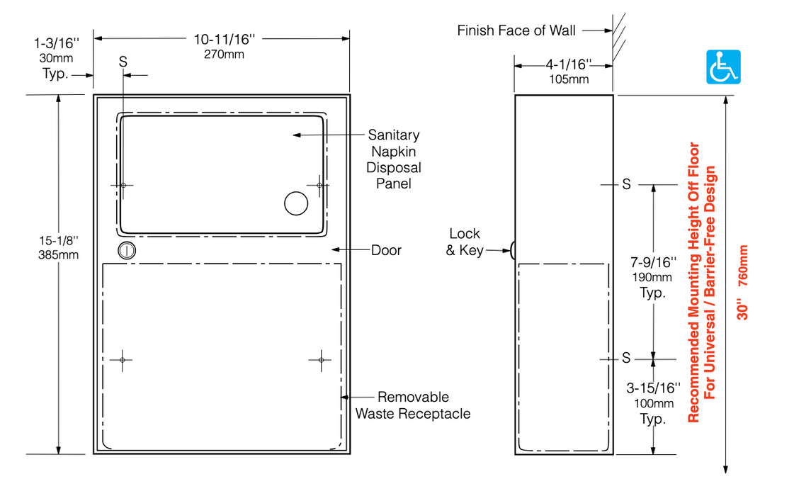 HRDWR681 Surface Mounted Sanitary Napkin Disposal Unit